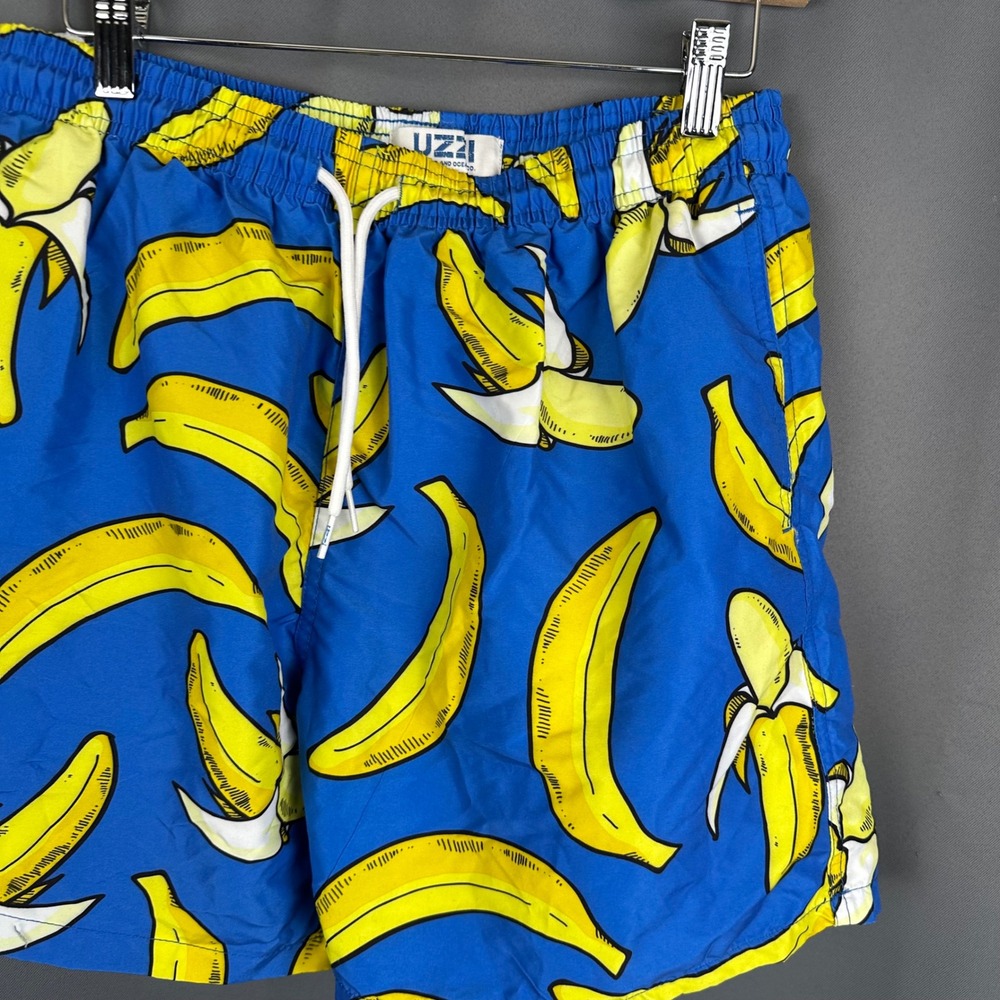 Uzzi Men Blue Banana Print Swim Trunks Mesh Lined Drawstring Board Shorts L - Picture 3 of 7
